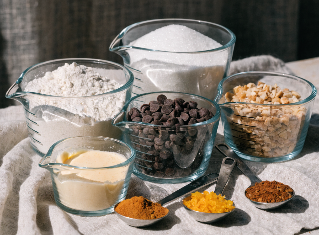 Various baking ingredients arranged on a countertop including flour, sugar, an egg, and spices.
