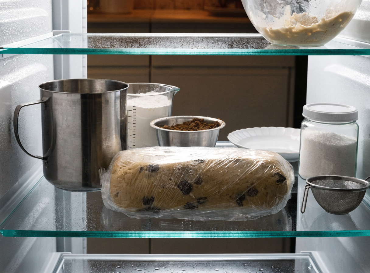 Cookie dough wrapped in plastic, placed in a fridge.