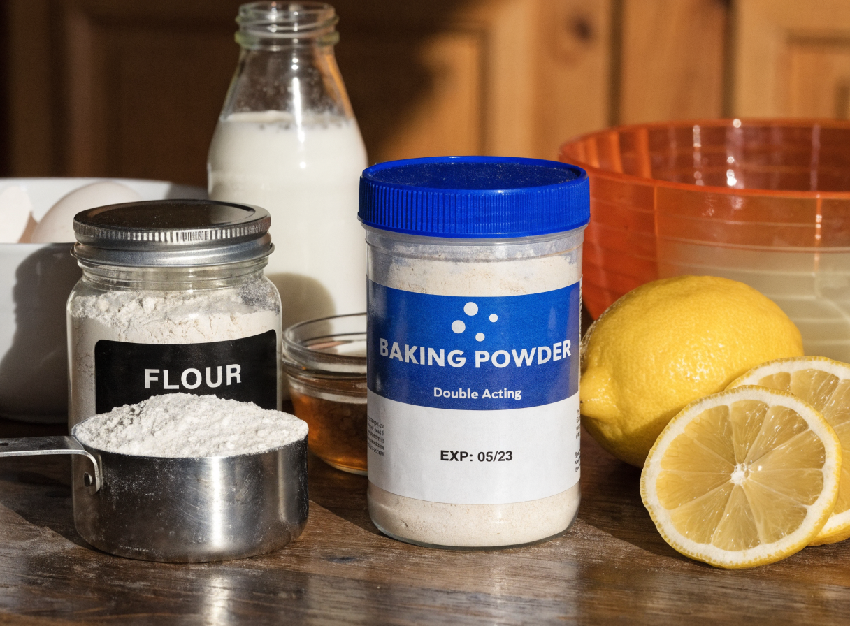 Various baking ingredients including baking powder and flour