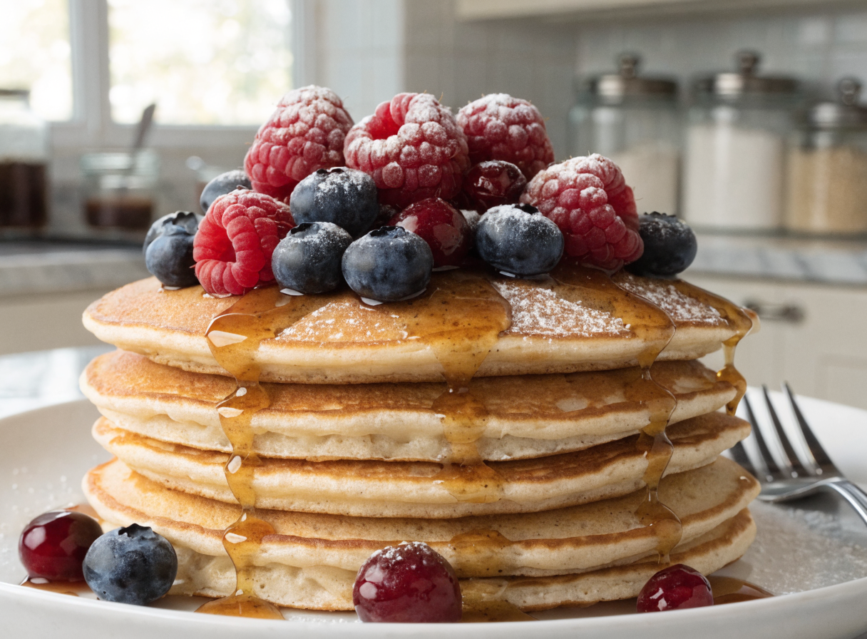Fluffy Vanilla Greek Yogurt Pancakes Recipe Fluffy Greek yogurt pancakes topped with berries and syrup on a white plate in a bright kitchen.